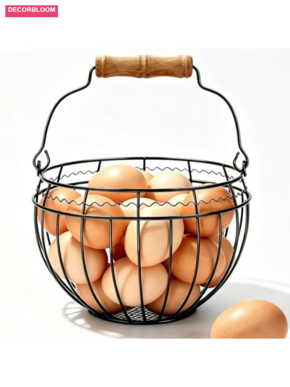Wire Egg Basket Metal Wood Handle Holds 24 Eggs Farmhouse Kitchen